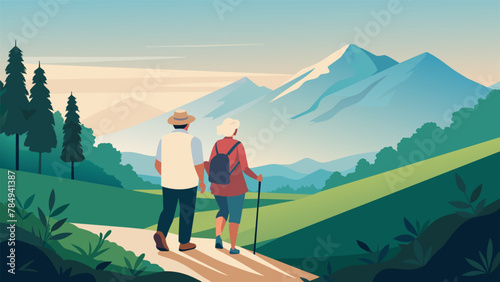 A senior couple stands on a hiking trail enjoying the fresh air and beautiful scenery. They are part of a walking group for seniors who meet