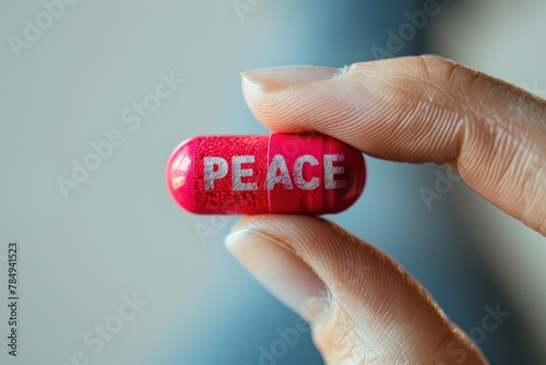 A hand holding a pill that says peace on it.