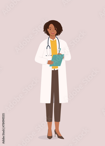 One Smiling Black Female Doctor With Stethoscope Standing While Holding A Clipboard And Pen. Full Length.