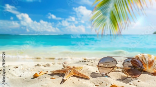 A pair of sunglasses and a starfish are on a beach.
