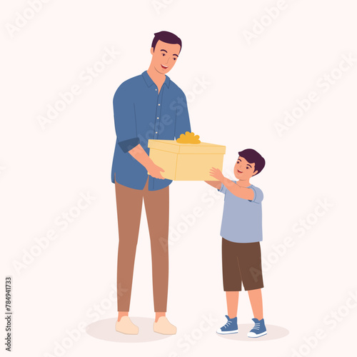 Smiling Father Receiving Presents From His Little Son.