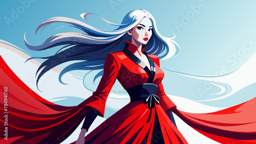 a pretty woman with long hair and a pretty, very long, flared red dress and a black belt and a lace collar, white background.Charm in red: a photo portrait of a woman with long hair in a flowing