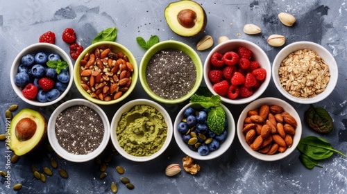 Assorted superfoods in containers on a solid colored background. A variety of superfoods in small bowls  surrounded by fresh fruits  nuts  and vegetables  highlighting a healthy lifestyle