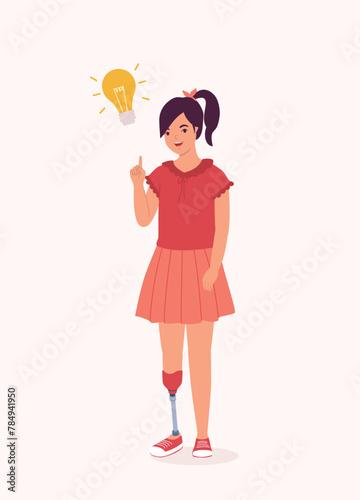 One Smiling Little Girl With Prosthetic Leg Thinking With One Finger Pointing Up A Yellow Light Bulb. Full Length.