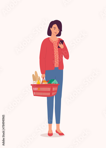 One Smiling Woman With Groceries Using Her Mobile Phone.