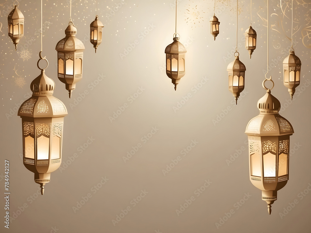 Islamic greeting Ramadan Kareem and Eid Mubarak card background design with lanterns, lamps, and beige colour design. Islamic greeting Ramadan Kareem and Eid Mubarak card background design with lanterns, lamps, and beige colour design.