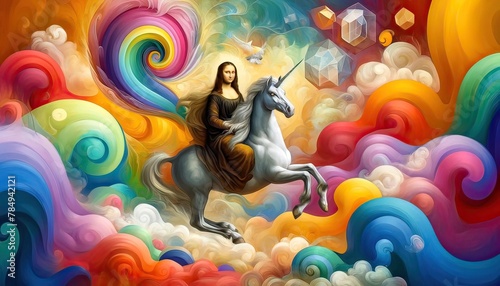 Surreal Art of Mona Lisa Riding a Unicorn