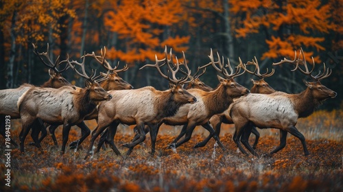 Elk Herd Moving Swiftly Through a Forest, Illustrating Unity and Collective Movement.
