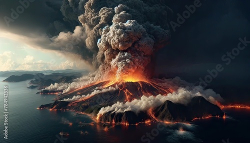 Majestic Volcano Eruption Over Calm Sea