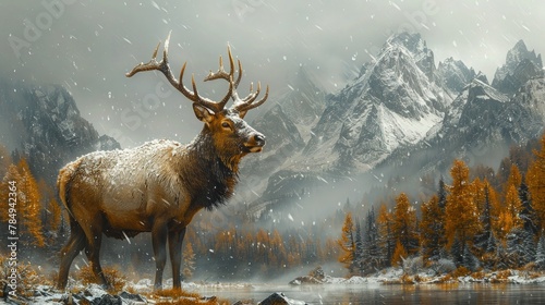 Elk Wading Through a Snowy Landscape, Enduring Harsh Winter Conditions. © pengedarseni
