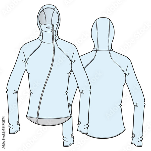 Ladies balaclava hoodie front and back view technical flat sketch vector template