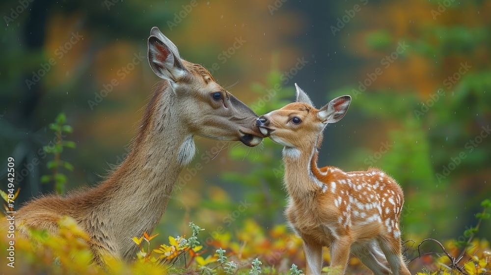 Elk Calf Nuzzling Close to Its Mother, Depicting Affection and Protection. Elk Calf Nuzzling Close to Its Mother, Depicting Affection and Protection.