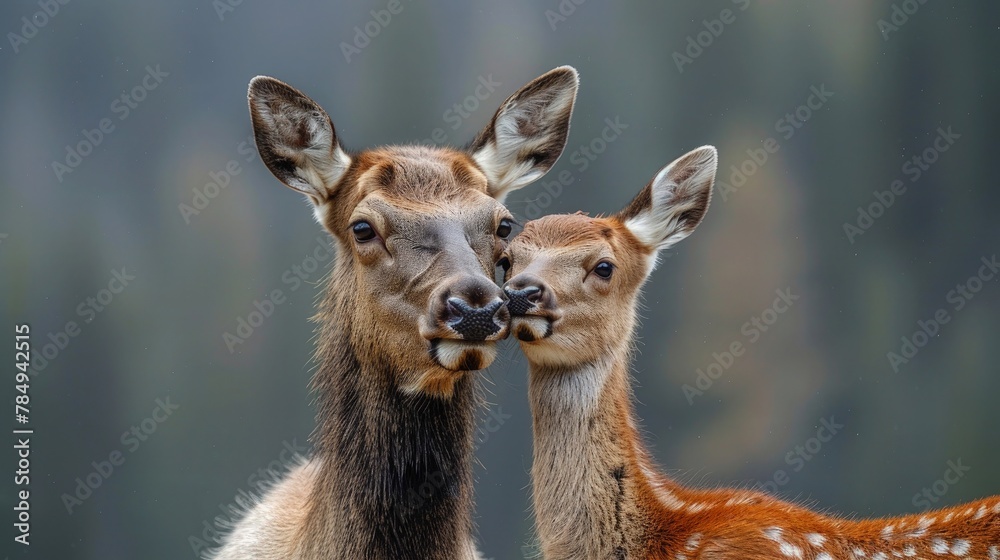 Elk Calf Nuzzling Close to Its Mother, Depicting Affection and Protection. Elk Calf Nuzzling Close to Its Mother, Depicting Affection and Protection.