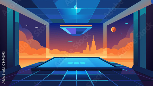 A futuristic pit with holographic displays flickering in every corner while the main window frames a vast nebula of electric blues and oranges.