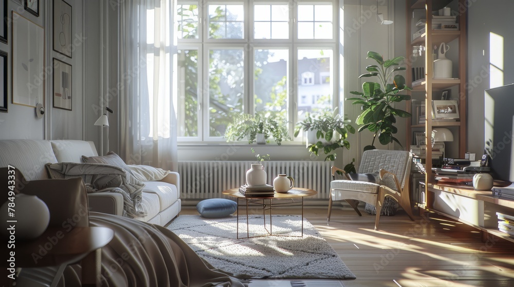 Nordic style living room with natural sun light, modern white or beige furniture, big windows