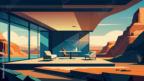 Another scene depicts an expansive living quarters carved into the rock with sleek and modern furnishings reflecting off the polished walls. A