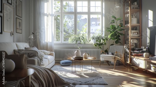 Nordic style living room with natural sun light, modern white or beige furniture, big windows