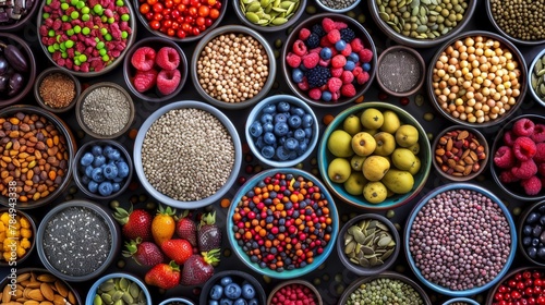 Assorted superfoods in containers on a solid colored background. A variety of superfoods in small bowls, surrounded by fresh fruits, nuts, and vegetables, highlighting a healthy lifestyle