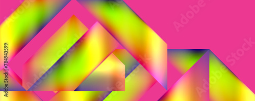 A vibrant and symmetrical geometric pattern featuring triangles in shades of magenta and electric blue, set against a pink background. A closeup creative arts masterpiece