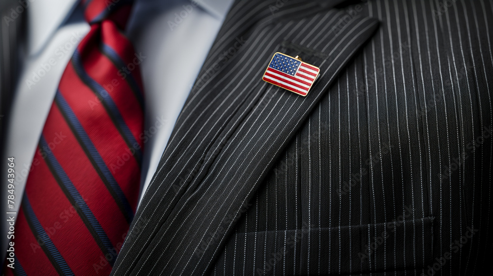 Close-up of a pinstriped suit, red striped tie, and American flag lapel pin.