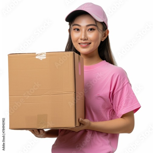 a woman asian logistic staff wearing pink shirt holding a big cardboard package, white background