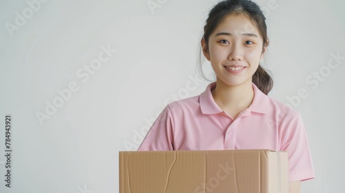 a woman asian logistic staff wearing pink shirt holding a big cardboard package, white background