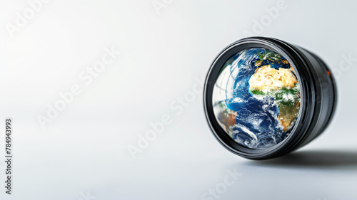 Camera lens focusing on a detailed image of the Earth, concept of global observation and photography. © Ritthichai