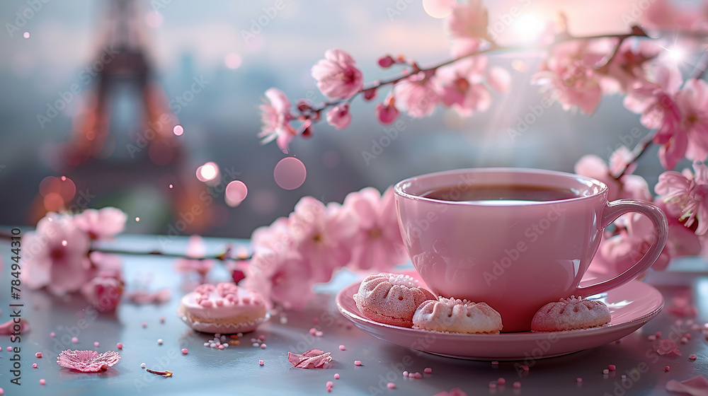 A cup of pink coffee, some small cherry blossom cakes A cup of pink coffee, some small cherry blossom cakes