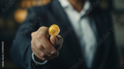 businessman holding a golden bitcoin, wealth investment crypto trading digital money concept 