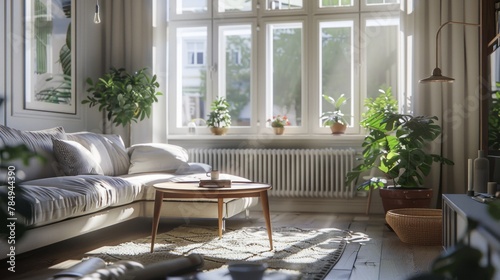 Nordic style living room with natural sun light, modern white or beige furniture, big windows