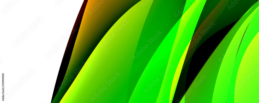 Obraz premium A macro photograph showcasing a vibrant green and yellow wave pattern resembling grass, with tints and shades of electric blue, set against a white background