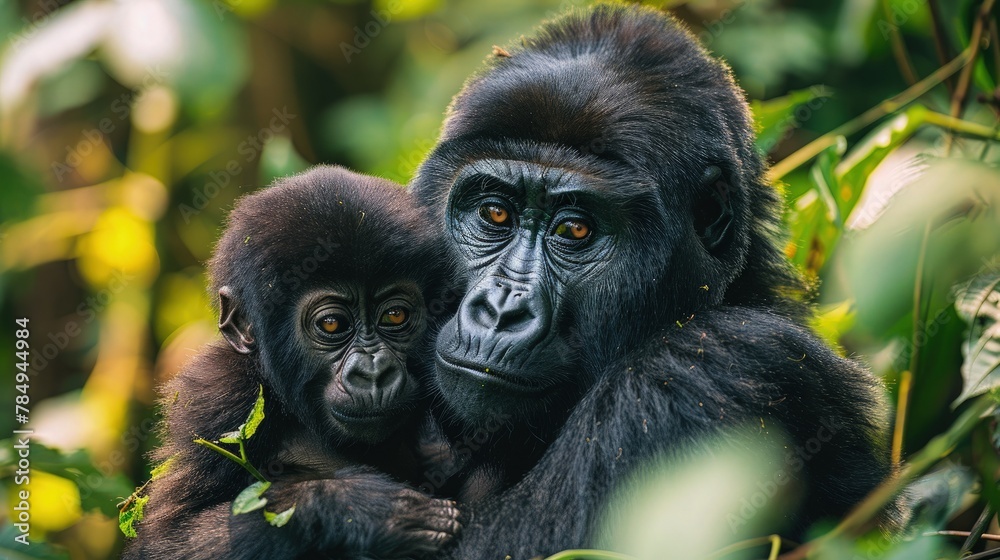 Obraz premium Gorilla Gently Cradling Its Young in Its Arms, Demonstrating Tender Parenthood.