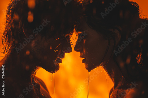 A couple kissing in the rain with a fire in the background