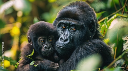 Gorilla Gently Cradling Its Young in Its Arms, Demonstrating Tender Parenthood. © pengedarseni