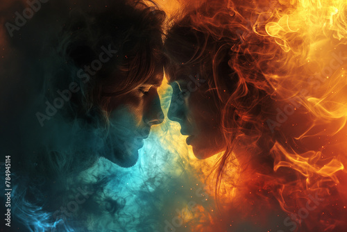 A couple is shown in a blue and red flame, with the man's face in blue