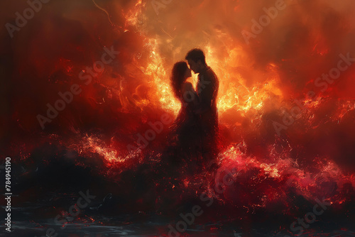A couple is standing in the ocean, surrounded by flames