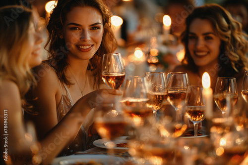 A group of women are sitting at a table with wine glasses and candles