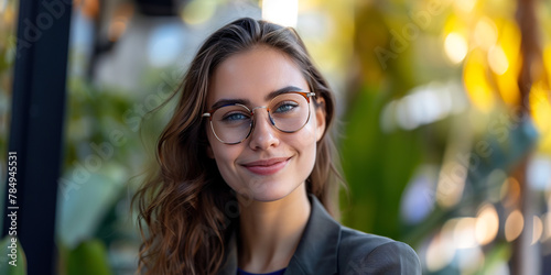 Young confident hispanic latino business woman smiling in corporate background with copy space. Success, career, leadership, professional, diversity in a workplace concept