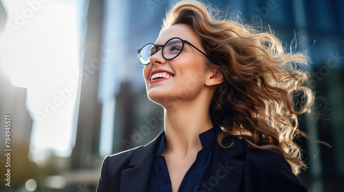 Young confident caucasian white business woman smiling in corporate background with copy space. Success, career, leadership, professional, girl boss in a workplace concept