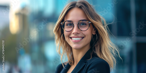Young confident hispanic latino business woman smiling in corporate background with copy space. Success, career, leadership, professional, diversity in a workplace concept © Ars Nova