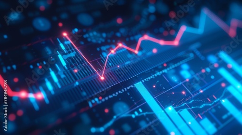 Abstract financial graph with uptrend line and arrows in stock market on blue color background photo