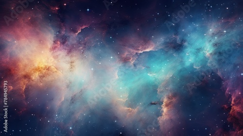 close-up of a colorful nebula, with swirling clouds of gas and dust illuminated by the light of nearby stars.