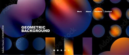 A geometric background with circles and squares in violet, magenta, and electric blue on a black backdrop. Perfect for a tech event or music entertainment. Font building with purple technology