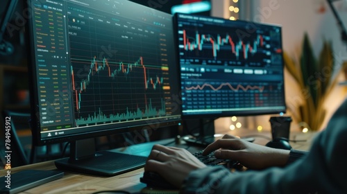 close-up shot of a computer monitor showing real-time stock prices and financial charts,