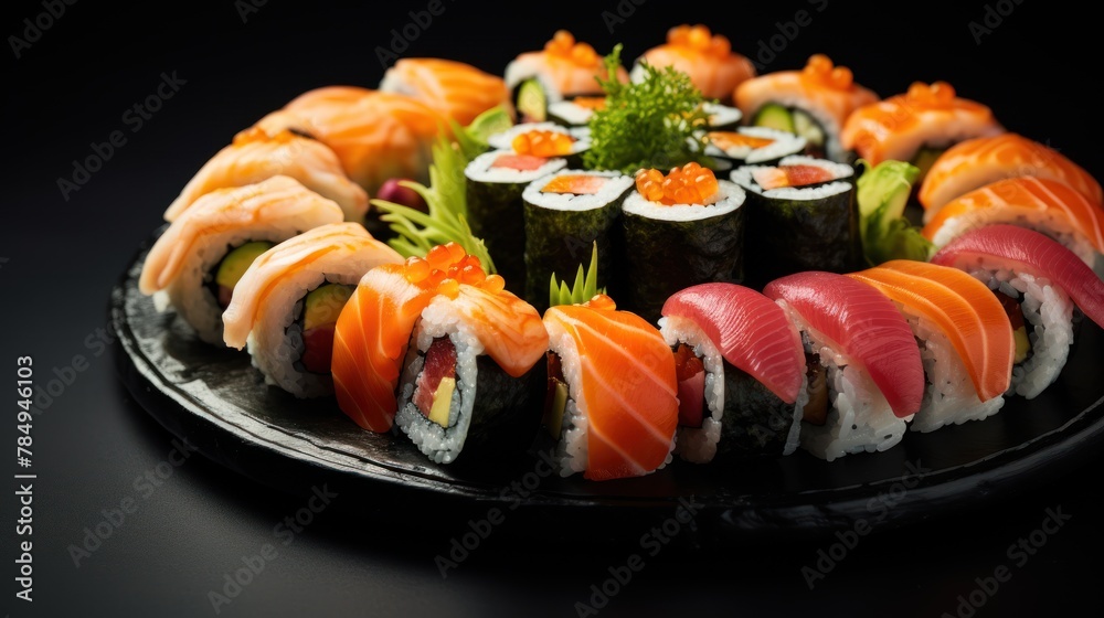 A colorful array of fresh sushi rolls, impeccably arranged on a sleek black platter A colorful array of fresh sushi rolls, impeccably arranged on a sleek black platter