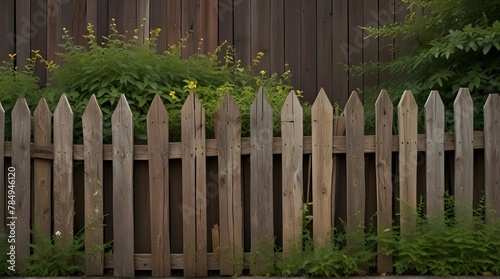 Old weathered wooden picket fence covered in foliage, cut out.generative.ai