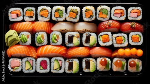 A colorful array of fresh sushi rolls, impeccably arranged on a sleek black platter