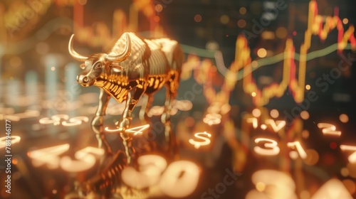 a golden bull figurine surrounded by rising stock market charts and dollar signs,  photo