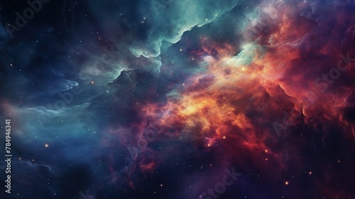 cosmic digital nebula with swirling clouds of color and light, reminiscent of a distant galaxy or celestial phenomenon.