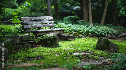 A secluded nook in a garden where mossy rocks and soft grass cradle an aged wooden bench
